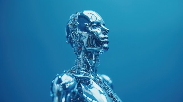 Cyborg with glossy metallic skin on a blue background. Futuristic robot artificial intelligence concept. Generative AI.