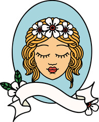 traditional tattoo with banner of a maiden with eyes closed