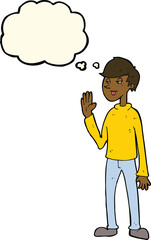 cartoon waving man with thought bubble
