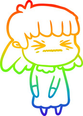 rainbow gradient line drawing of a cartoon angry girl