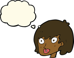 cartoon happy female face with thought bubble