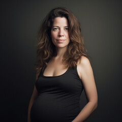 Studio portrait of pregnant woman, black background, Generative AI