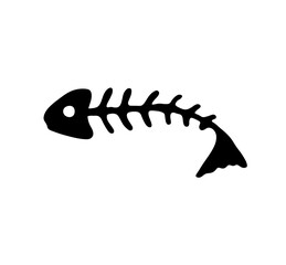 Vector isolated one single fish skeleton bones dead colorless black and white outline silhouette shadow shape	