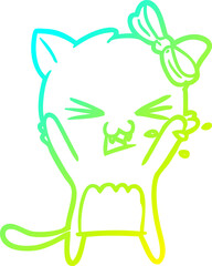 cold gradient line drawing of a cartoon cat