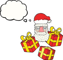 freehand drawn thought bubble cartoon tired santa claus face with presents