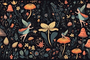 Illustration of fairies, flowers, and mushrooms on a black background in an est seamless pattern. Generative AI