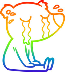 rainbow gradient line drawing of a cartoon crying sitting polar bear