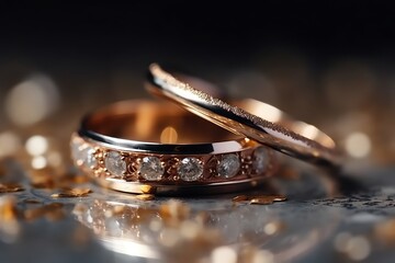 Wedding Rings On A Glittery Background In A Panoramic Banner With Selective Focus. Generative AI