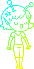 cold gradient line drawing of a happy alien girl cartoon