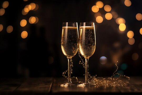 Two Champagnes, New Year, Blurred Lights. Generative AI