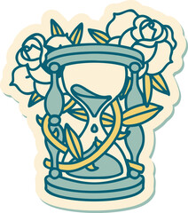 sticker of tattoo in traditional style of an hour glass and flowers