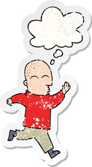 Fototapeta premium cartoon man running with thought bubble as a distressed worn sticker
