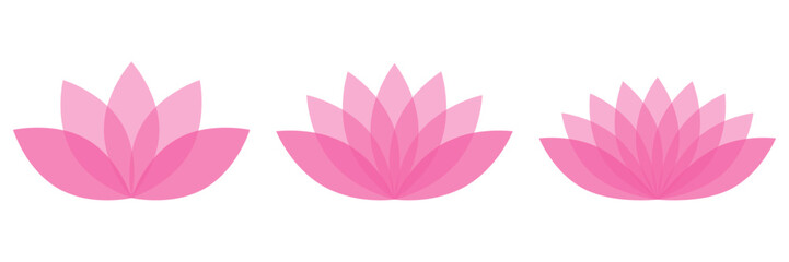 Lotus flower symbol set, flat style pink color vector icon object. Floral label with five petals, wellness, health and yoga industry or meditation logo, isolated on white background.