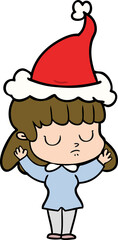 hand drawn line drawing of a indifferent woman wearing santa hat