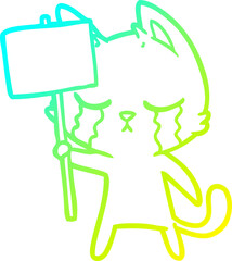 cold gradient line drawing of a crying cartoon cat