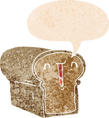 cute cartoon loaf of bread with speech bubble in grunge distressed retro textured style