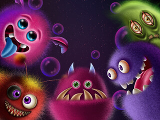 Funny monsters on the background of the starry sky