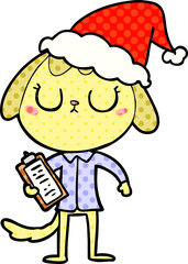 cute hand drawn comic book style illustration of a dog wearing office shirt wearing santa hat