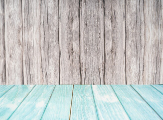 The Blue wood floor and wooden wall, empty room for background.