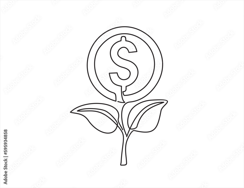 Poster one continuous line drawing of money tree plant with coin dollar. growing coin tree symbol and finan