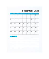 The Vertical of September 2023 Calendar page for 2023 year isolated on white background, Saved clipping path.