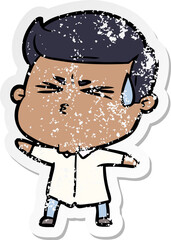 distressed sticker of a cartoon man sweating