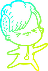 cold gradient line drawing of a cartoon annoyed hipster girl