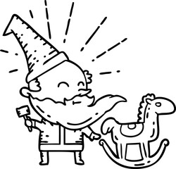illustration of a traditional black line work tattoo style santa claus christmas character making toy