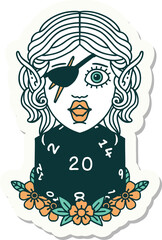 sticker of a elf rogue character with natural twenty dice roll