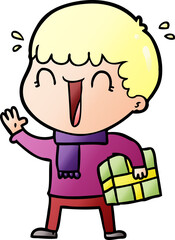 laughing cartoon man with present