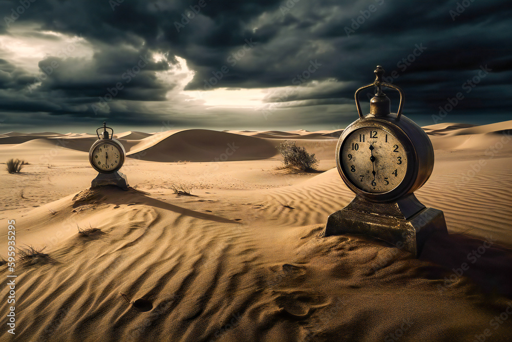 Poster old clocks on desert dunes at sunset. surreal time metaphor composition. time related concept. creat