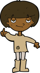 cartoon boy in poor clothing giving thumbs up symbol