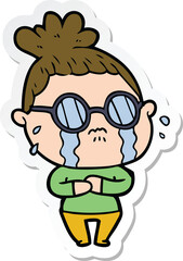 sticker of a cartoon crying woman wearing spectacles