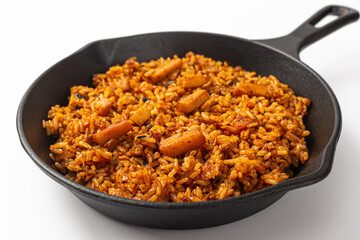 Squid pork belly bulgogi fried rice on white background