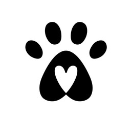 Fototapeta premium Vector isolated one single paw print with heart inside colorless black and white outline silhouette shadow shape