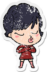distressed sticker of a cartoon woman with eyes shut