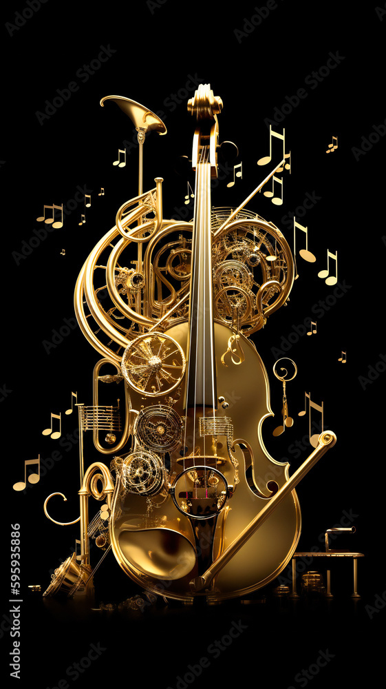 Poster artistic abstract concept of music with stylized violin, brass element and musical notes. created wi