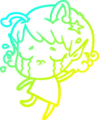 cold gradient line drawing of a cartoon crying alien girl