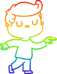 rainbow gradient line drawing of a cartoon aloof man pointing finger