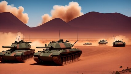 An intense image of a tank battle on a desert