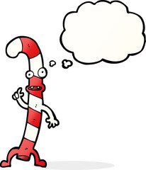 cartoon dancing christmas candy cane with thought bubble