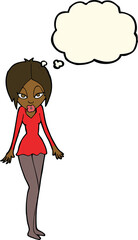 cartoon woman in short dress with thought bubble