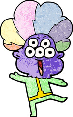 happy cartoon alien dancing in clown wig