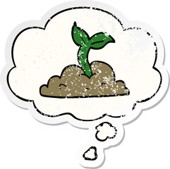 cartoon growing seedling with thought bubble as a distressed worn sticker