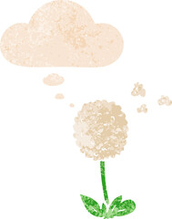 cartoon flower with thought bubble in grunge distressed retro textured style