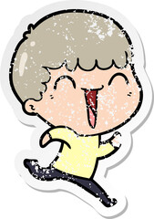 distressed sticker of a cartoon happy man