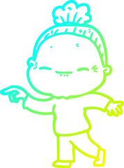 cold gradient line drawing of a cartoon peaceful old woman