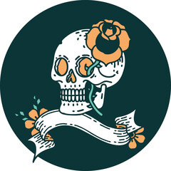 tattoo style icon with banner of a skull and rose
