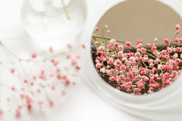 Home interior floral decor. Delicate background of pink flowers reflected in the mirror.Wall background.