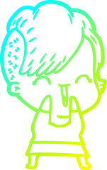 cold gradient line drawing of a cartoon happy hipster girl